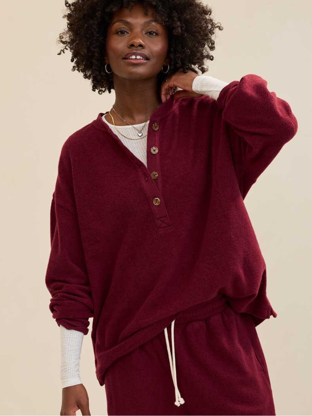 NWT Aerie Sherpa Henley Sweatshirt Women SZ Small in‎ Deep Cherry